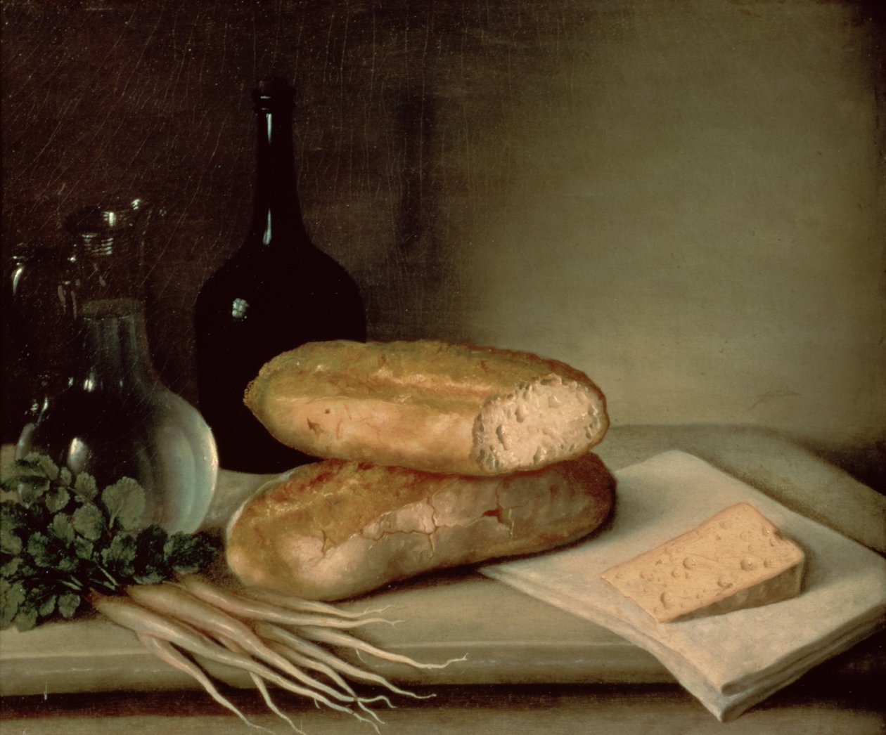Natura morta con pane, formaggio e fiasco di vino da Claude Joseph Fraichot