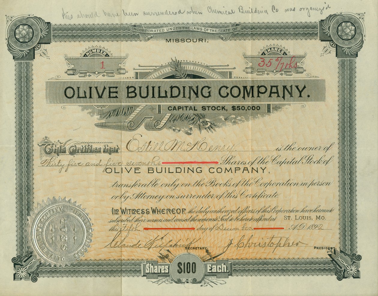 Certificato azionario della Olive Street Building Company emesso a Estill M. Henry, 5 dicembre 1892 da Claude Kirkpatrick