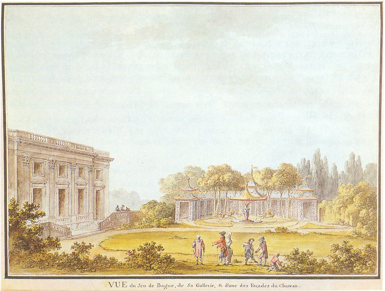 Vista del Jeu de Bague, della galleria e di una delle facciate del castello da Claude Louis Chatelet