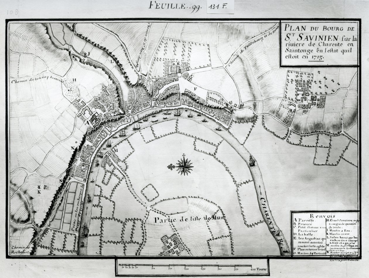 Fol.99 Mappa di Saint-Savinien sul fiume Charente nel 1713, da 