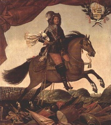Ritratto equestre di un generale, trofeo di armi in primo piano e cavalleria oltre da Claude Deruet