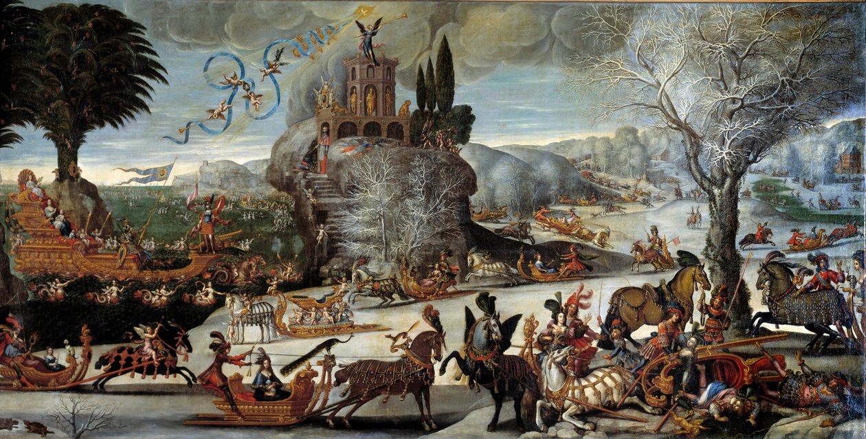 I quattro elementi: Acqua. Scena di paesaggio invernale, Re Luigi XIII è rappresentato come Nettuno, Anna d