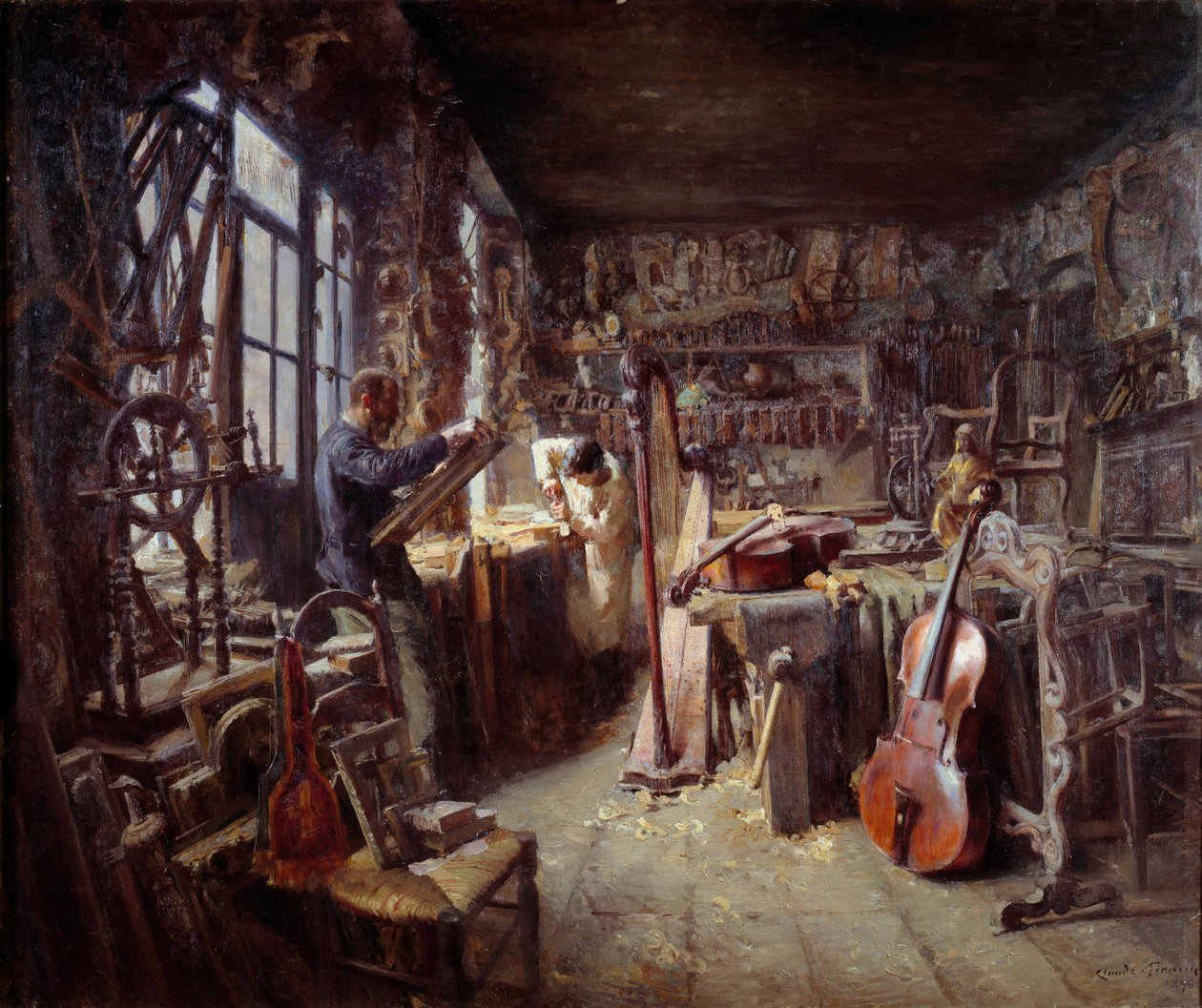 Un restauratore nel suo laboratorio pieno di strumenti da Claude Firmin