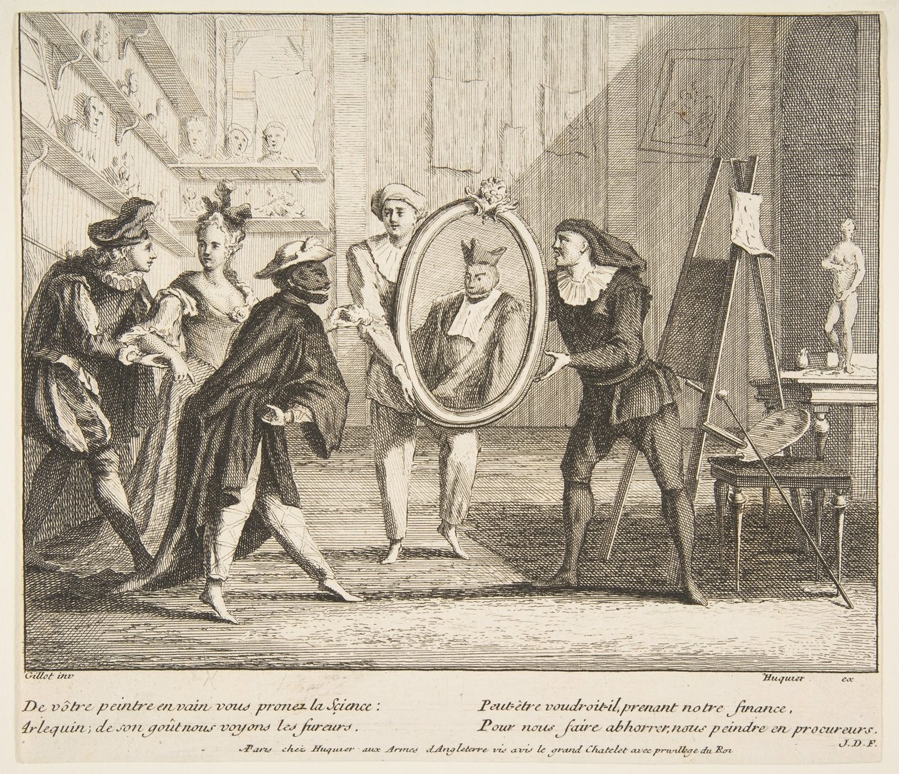 Pierrot e Scaramouche mostrano il ritratto di Arlecchino da Claude Gillot, Jacques Gabriel Huquier