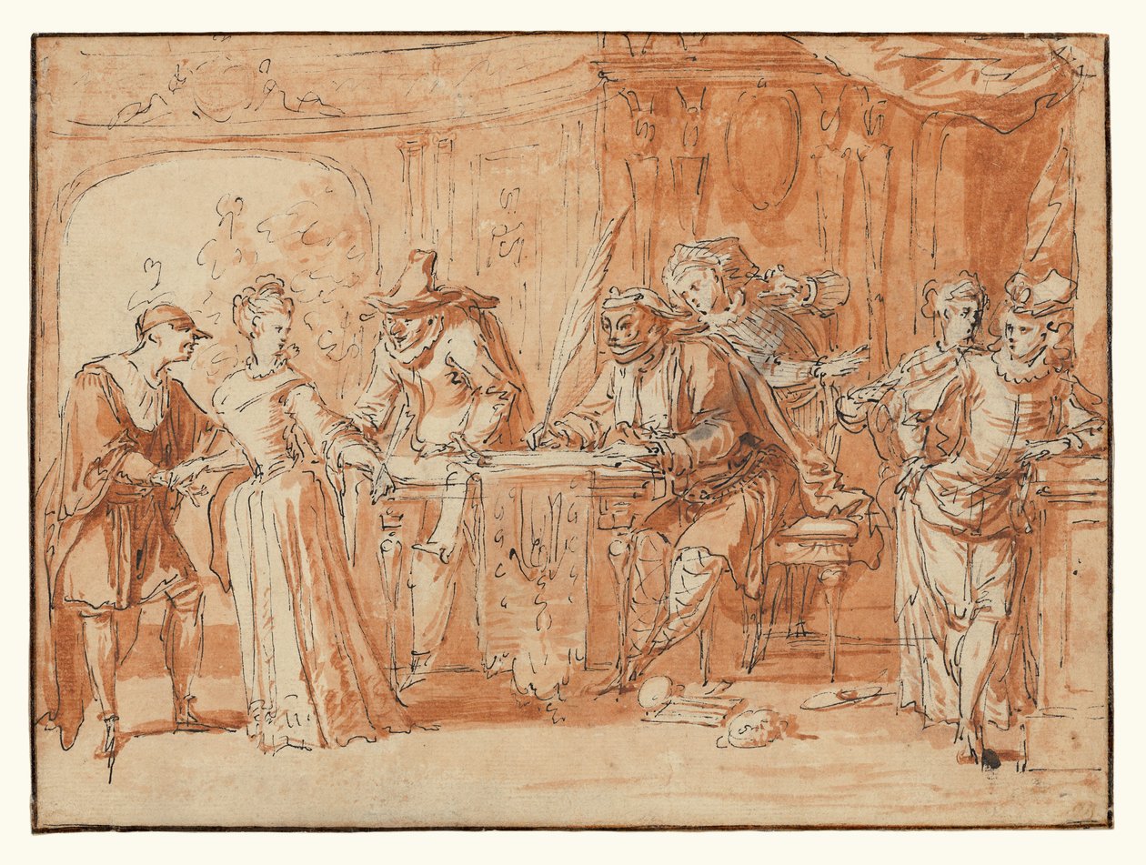 Szene aus der italienischen Komödie (recto); Figurenstudie (verso) da Claude Gillot