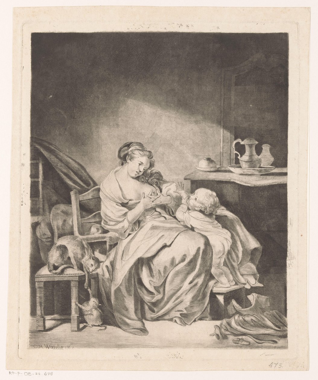 Interno con una donna seduta che allatta il suo bambino da Claude Henri Watelet