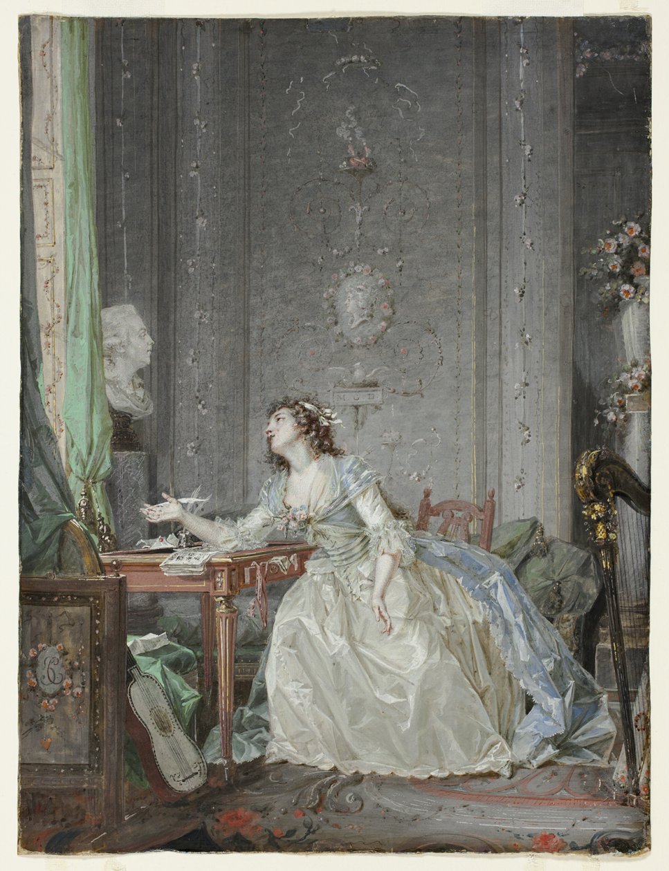 Interno con Ritratto di una Giovane Donna Davanti a un Busto da Claude Jean Baptiste Hoin