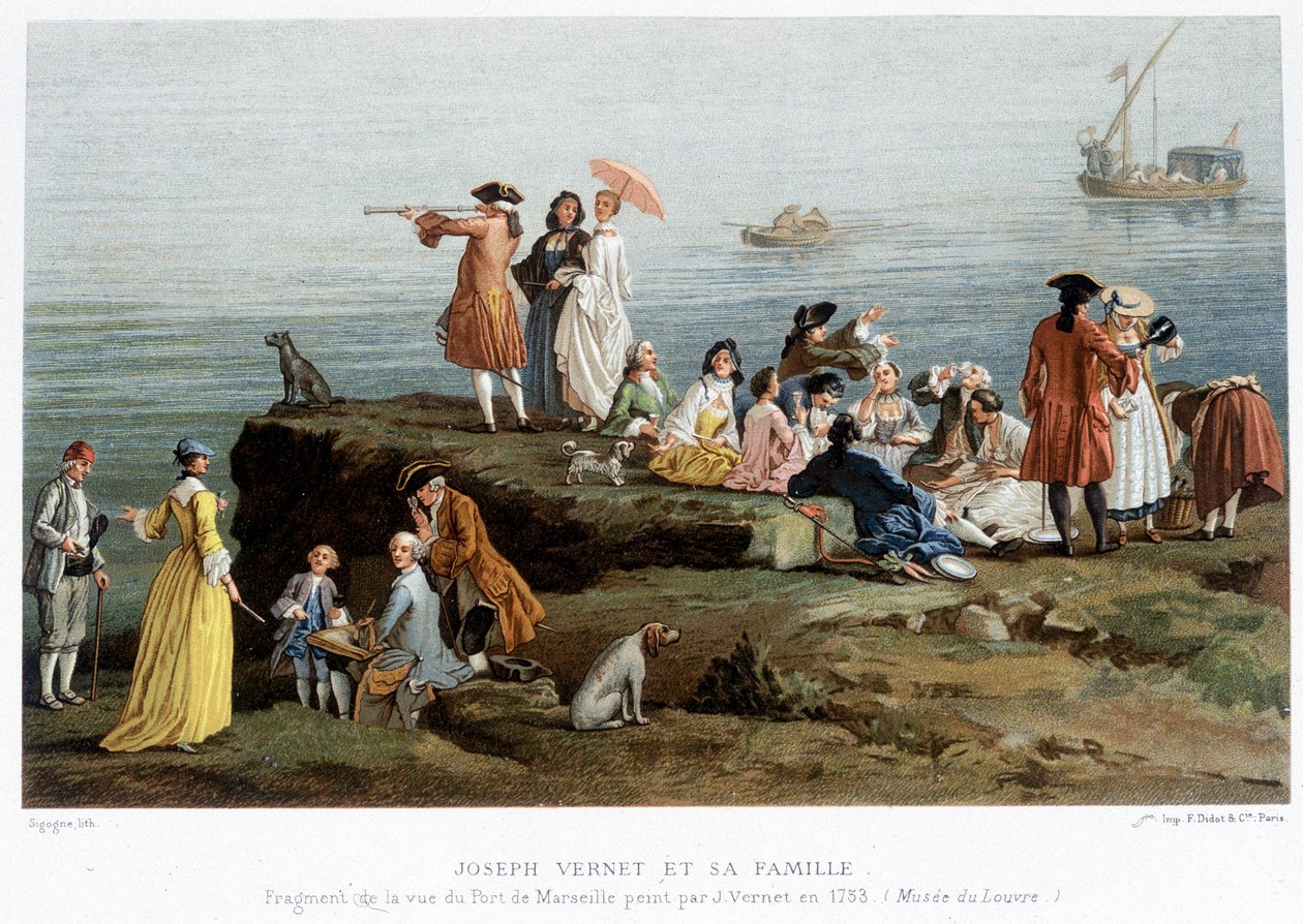Joseph Vernet e la sua famiglia - riproduzione del XIX secolo di un frammento della vista del porto di Marsiglia dipinta da Vernet nel 1753 (Museo del Louvre) da Claude Joseph (after) Vernet