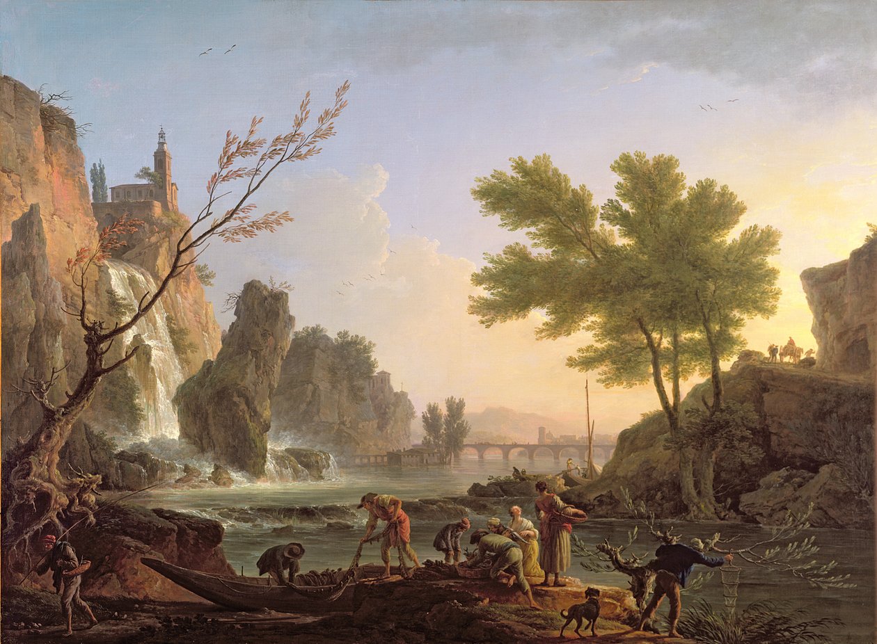 Pescatore in un paesaggio con cascata e ponte da Claude Joseph Vernet