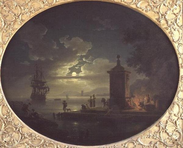 Notte: un paesaggio costiero illuminato dalla luna con pescatori vicino a un fuoco su un molo, una nave da guerra oltre da Claude Joseph Vernet