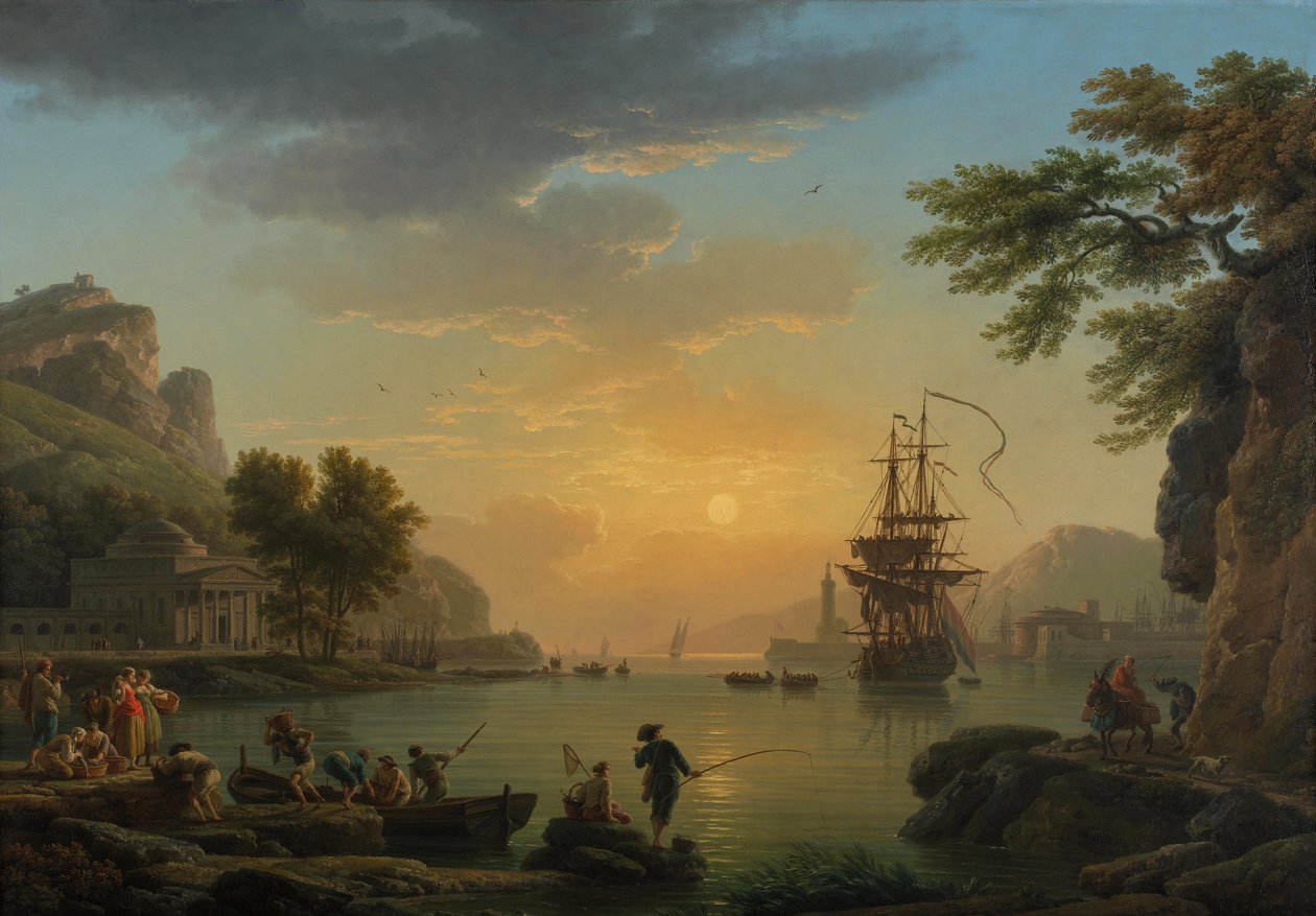 Paesaggio al tramonto con pescatori che tornano con il loro bottino. Dipinto di Claude Joseph Vernet, 1773 da Claude Joseph Vernet