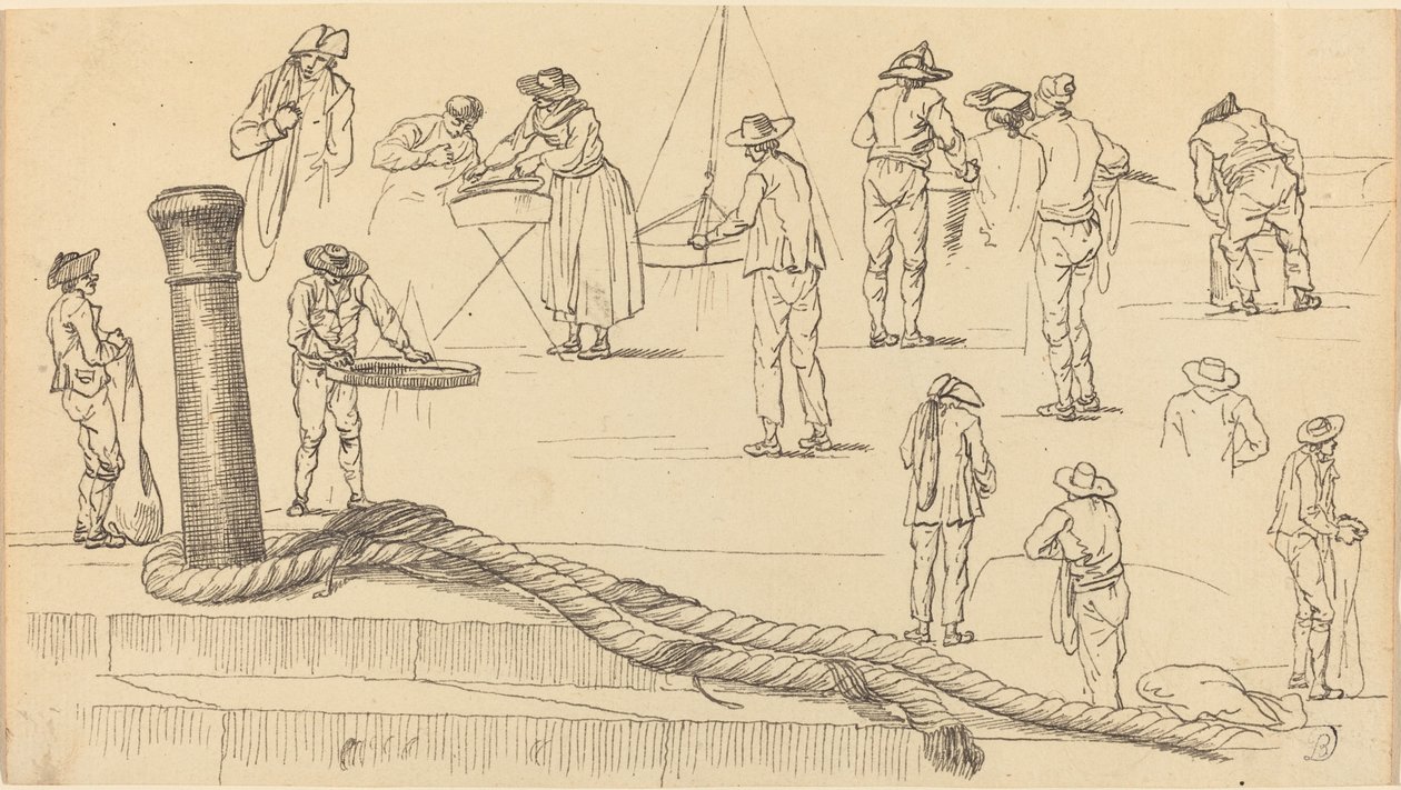 Figure sul molo e una lunghezza di corda attaccata a una bitta da Claude Joseph Vernet