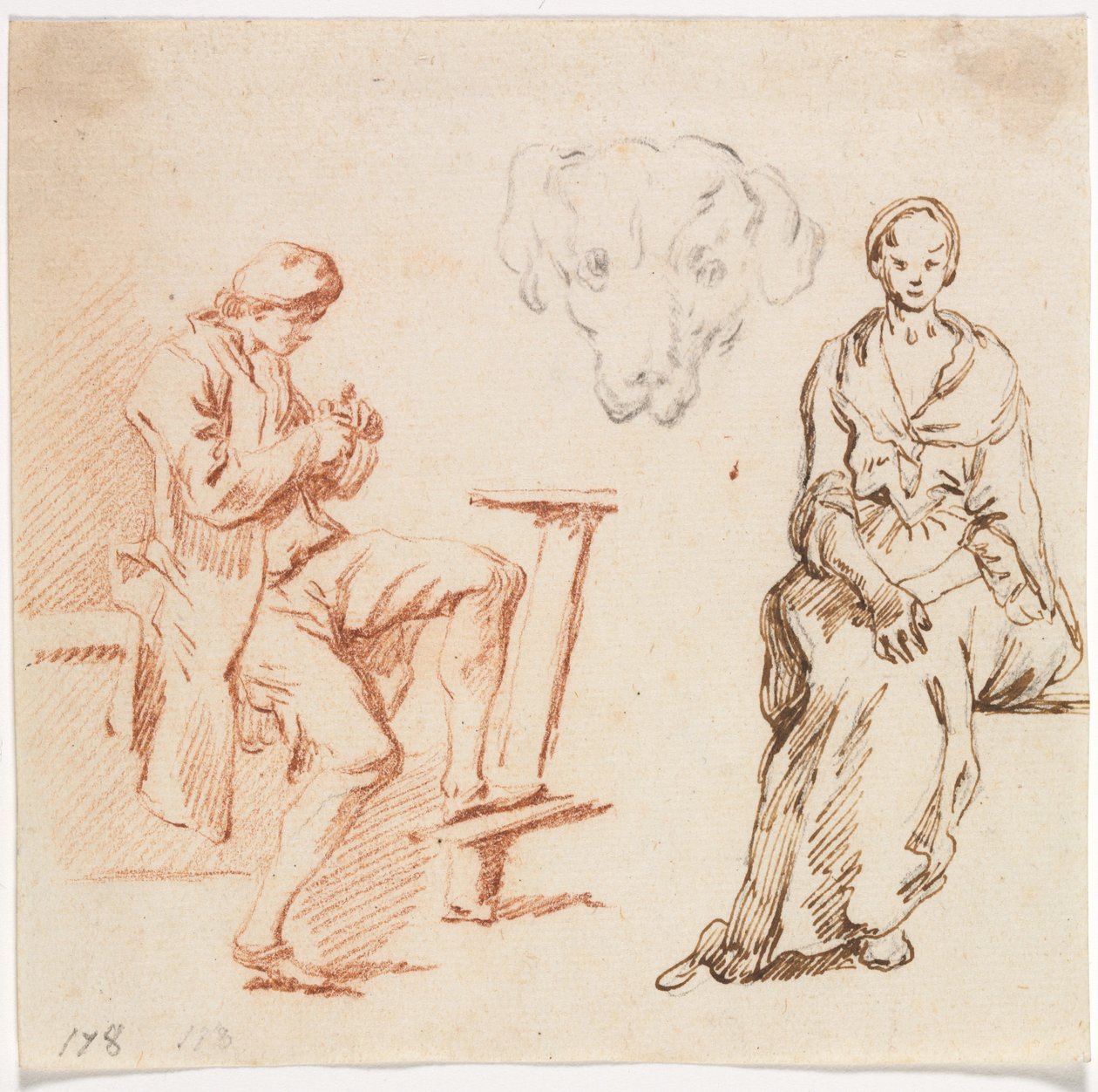 Foglio di studi: uomo seduto, testa di cane, donna seduta, 1700s da Claude Joseph Vernet