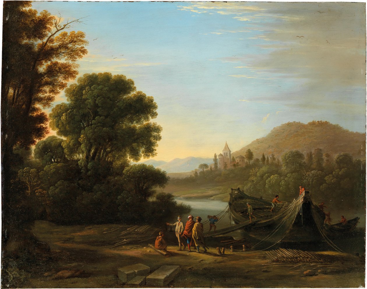 Francese: Paysage avec personnages chargeant du bois sur un bateau Paesaggio con figure che caricano legname su una barca da Claude Lorrain