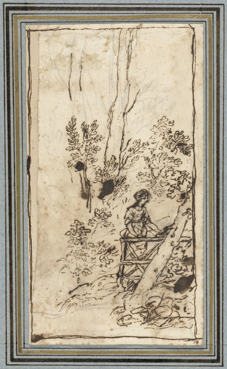 Giovane donna in piedi vicino a una recinzione in un bosco (Studies van dieren uit het Dierenalbum) da Claude Lorrain