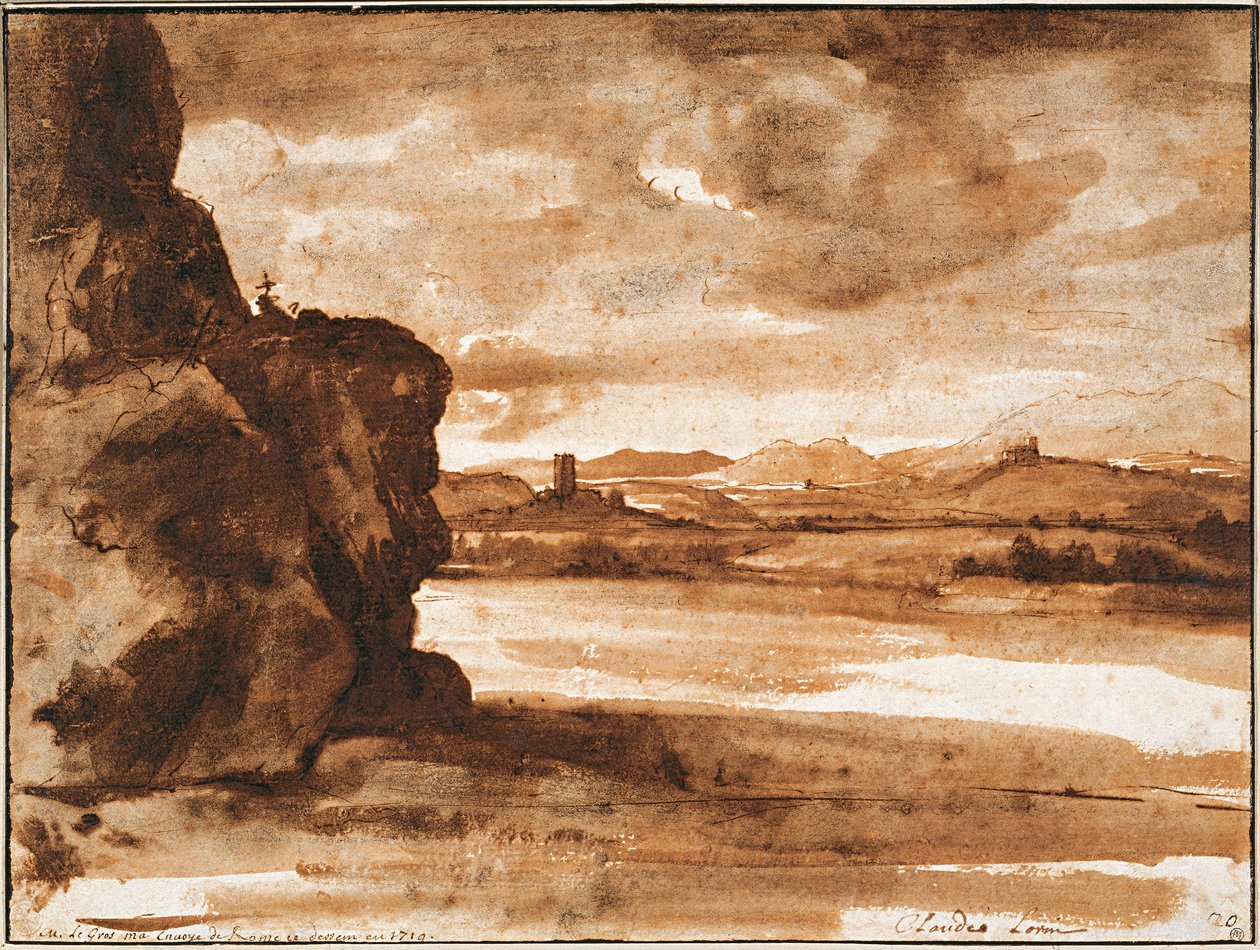 Paesaggio del Tevere a nord di Roma con cielo nuvoloso scuro, tra il 1630 e il 1640 da Claude Lorrain