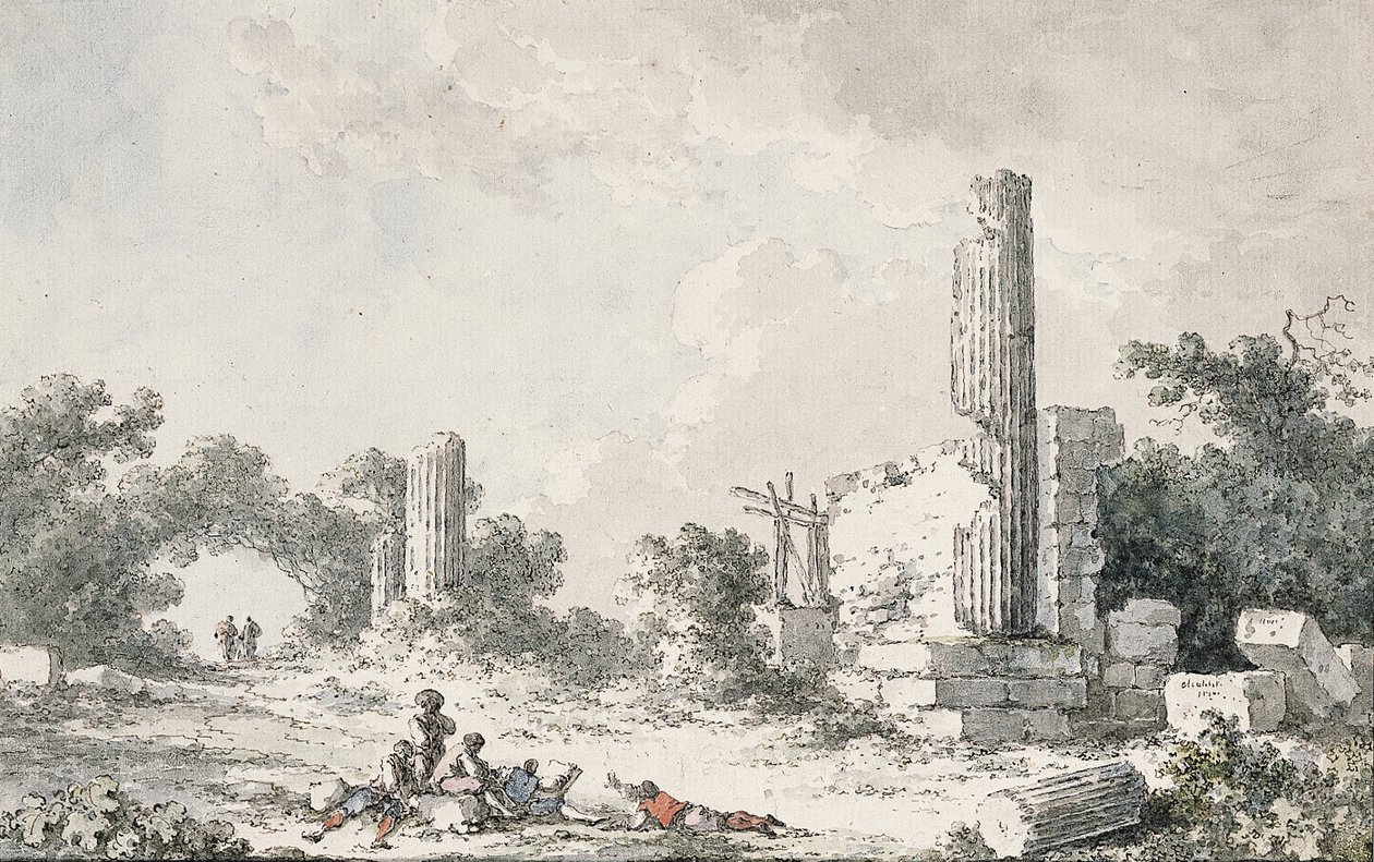 Le rovine del Tempio di Castore e Polluce, Agrigento, con artisti che disegnano da Claude Louis Chatelet