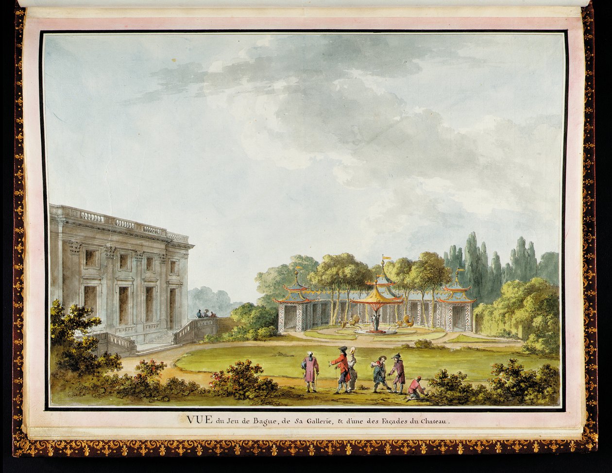 "Vue de Jeu de Bague, de Sa Gallerie, & d"une des Façades du Chateau", dal Castello e Giardini della Regina al Petit Trianon: Un sontuoso album di disegni originali e piani commissionati da Maria Antonietta, dall