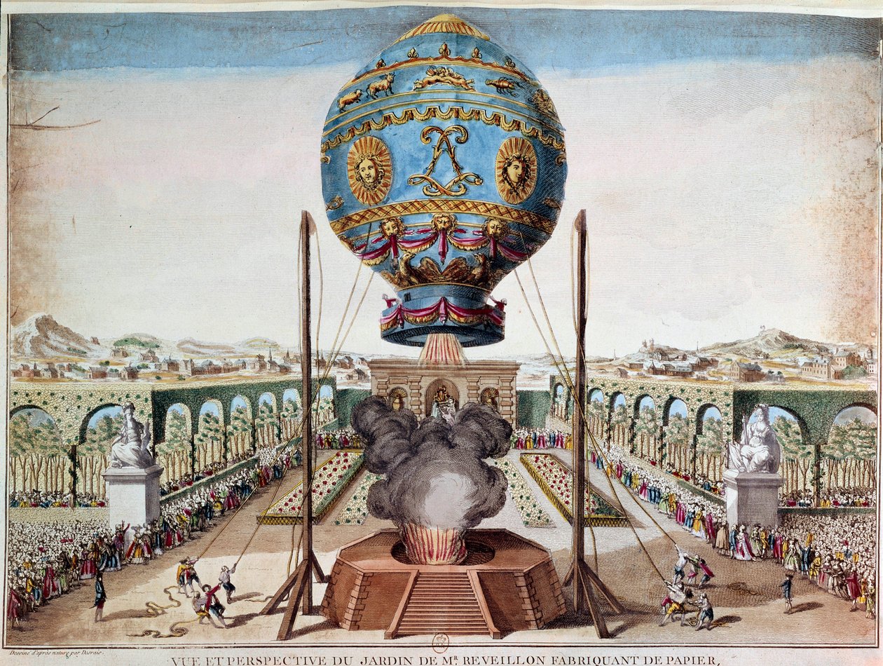 Esperimento dei fratelli Montgolfiere il 19 ottobre 1783 nel giardino di Monsieur Reveillon, faubourg Saint Antoine a Parigi. Incisione di Desrais Claude Louis Desrais (1746-1816) da Claude Louis Desrais