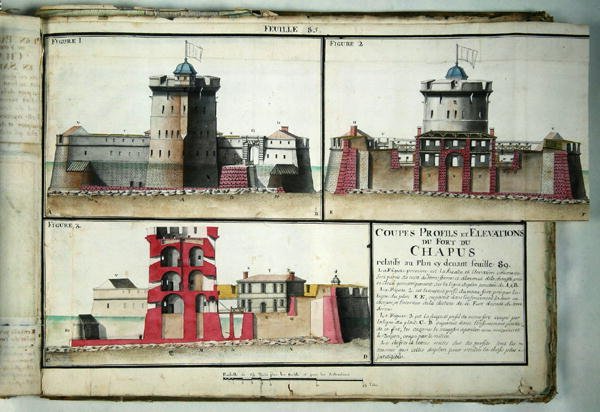 Sezione trasversale e alzati del Forte Chapus, da Traité de Fortifications, c.1720 da Claude Masse