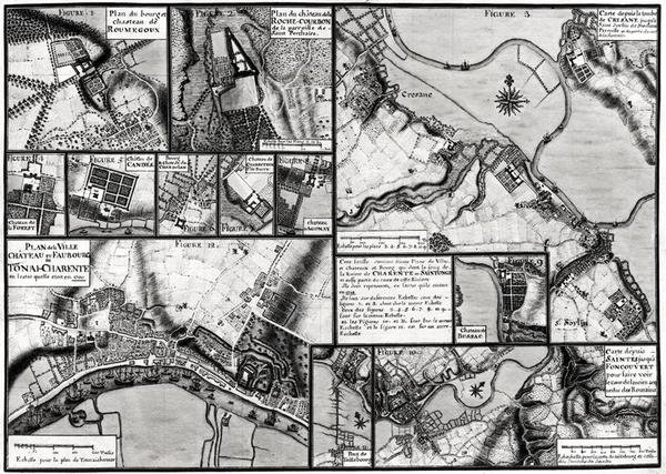 Fol.7 & 98 Mappa delle città e dei castelli situati lungo il fiume Charente nel 1714, da Recueil des Plans de Saintonge da Claude Masse