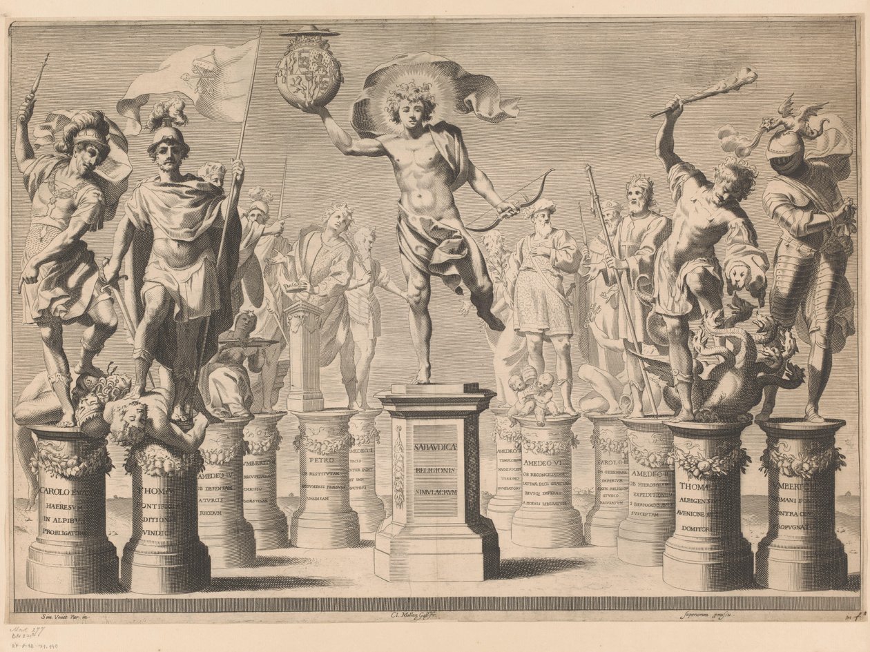 Allegoria in onore della casa Savoia con figure leggendarie su piedistalli da Claude Mellan