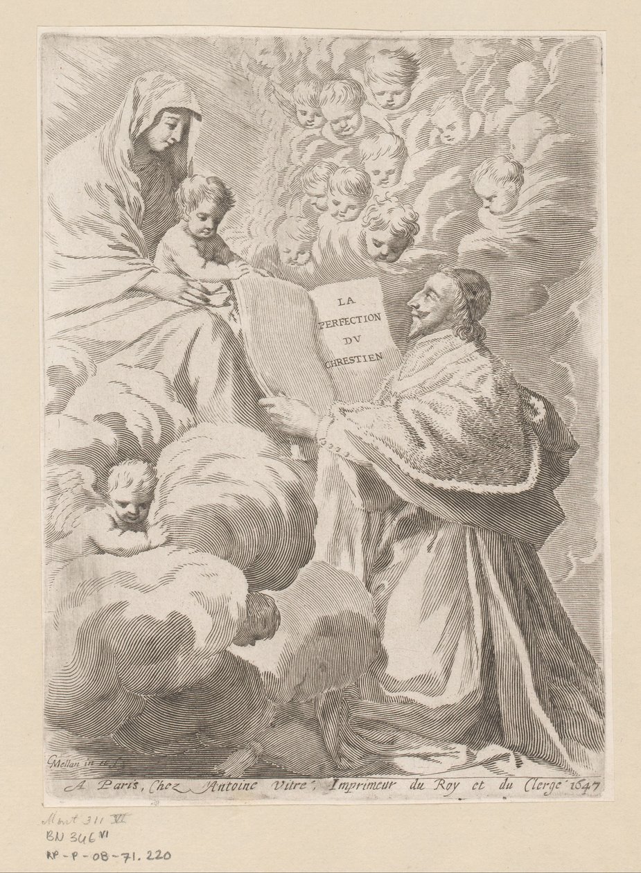 Armand-Jean du Plessis duca di Richelieu presenta un libro a Maria con Bambino (Pagina del titolo per: Armand-Jean du Plessis duca di Richelieu, Traité de la perfection du chrétien) da Claude Mellan
