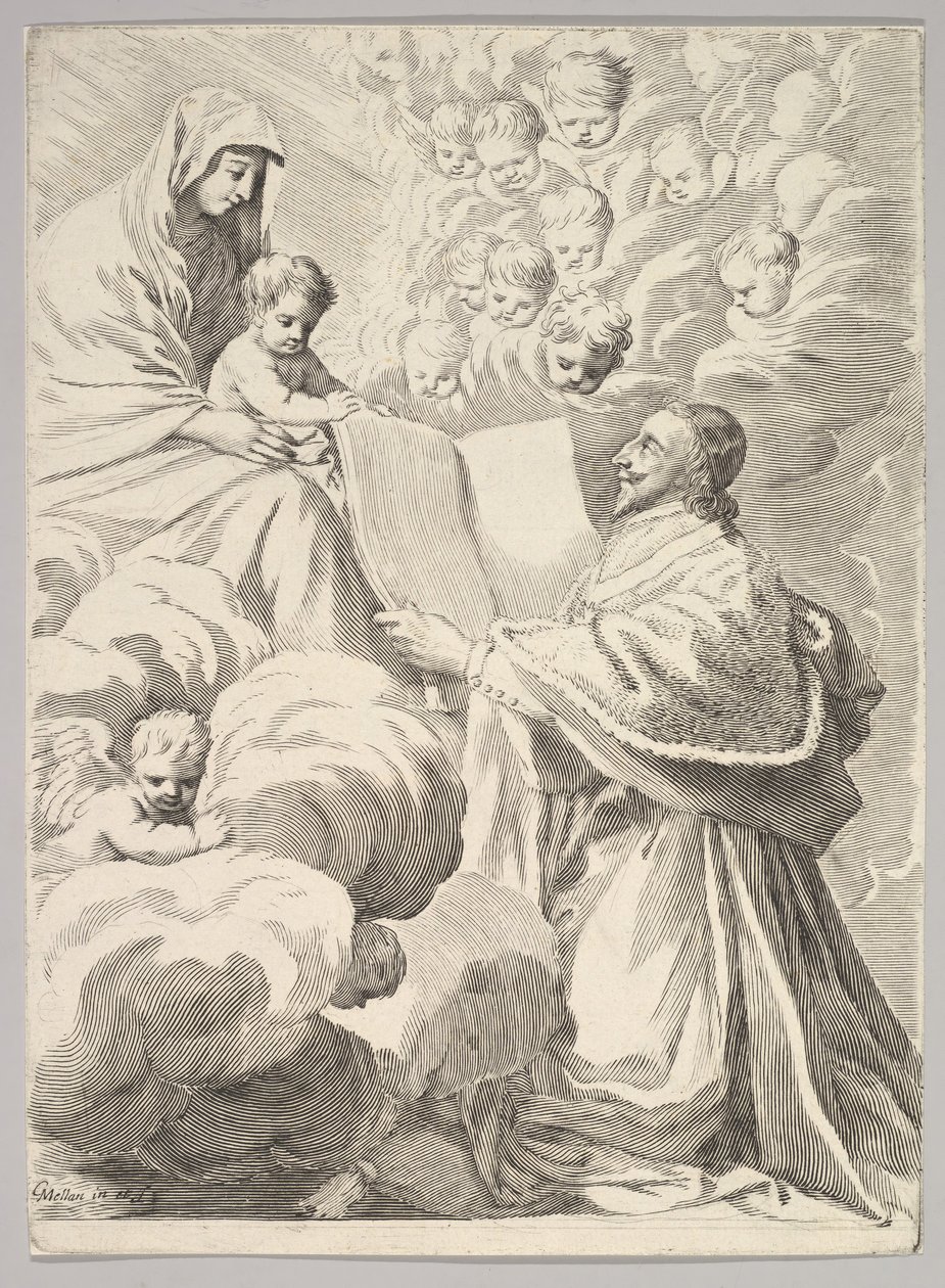 Cardinale Richelieu, inginocchiato, presenta il suo libro alla Vergine e al Bambino, ca. 1646 da Claude Mellan