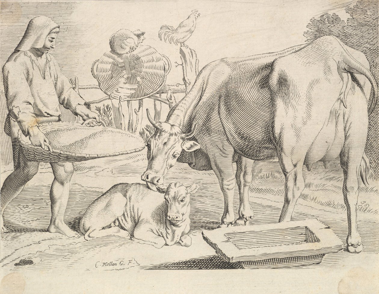 Scena di campagna con contadino, mucca e vitello da Claude Mellan