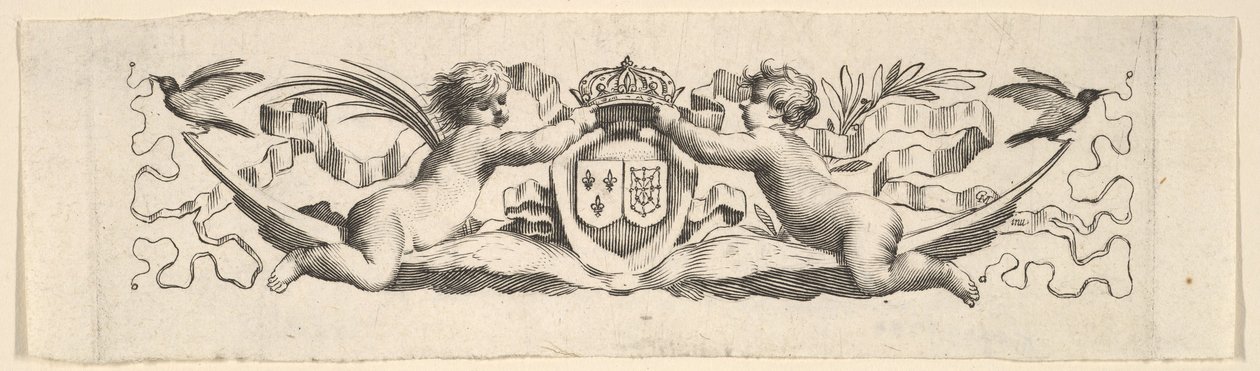 Fascia per capelli: Due infanti con le armi di Francia e Navarra da Claude Mellan