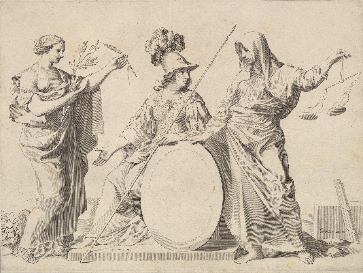 Minerva affiancata da Pace e Giustizia da Claude Mellan