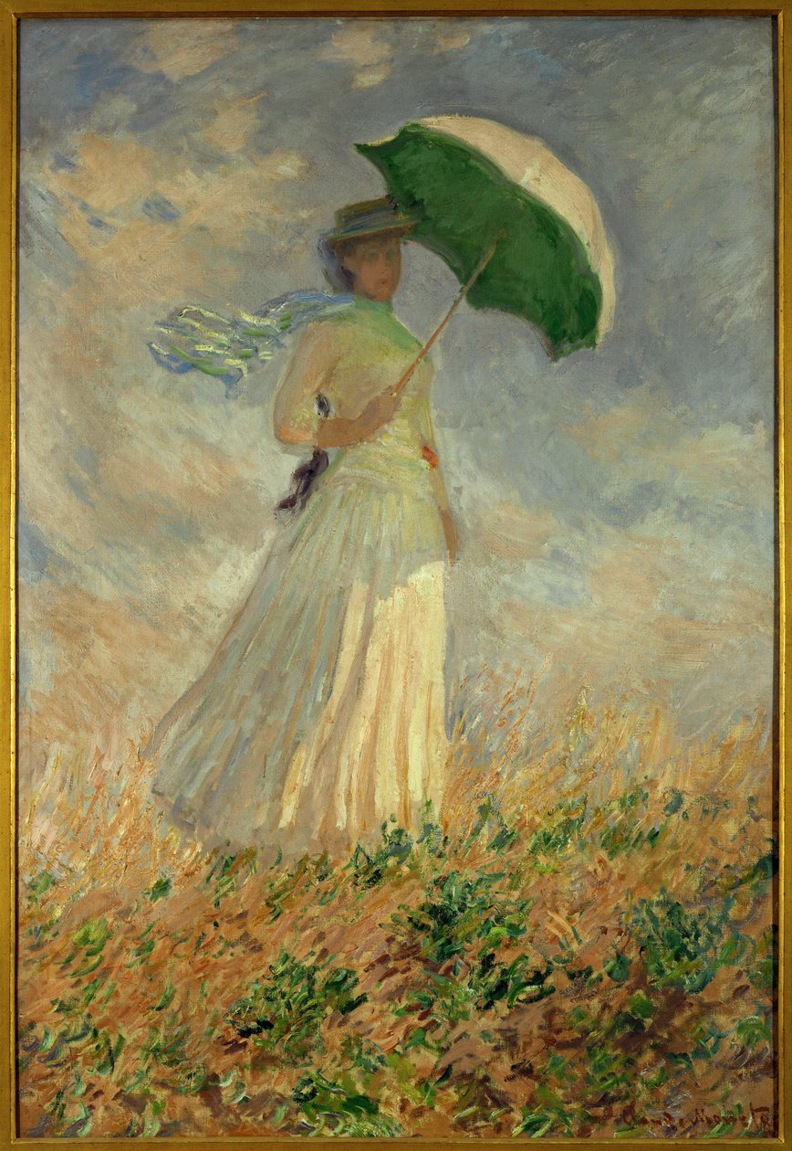 Donna con ombrello che si volta a destra... (olio su tela) da Claude Monet
