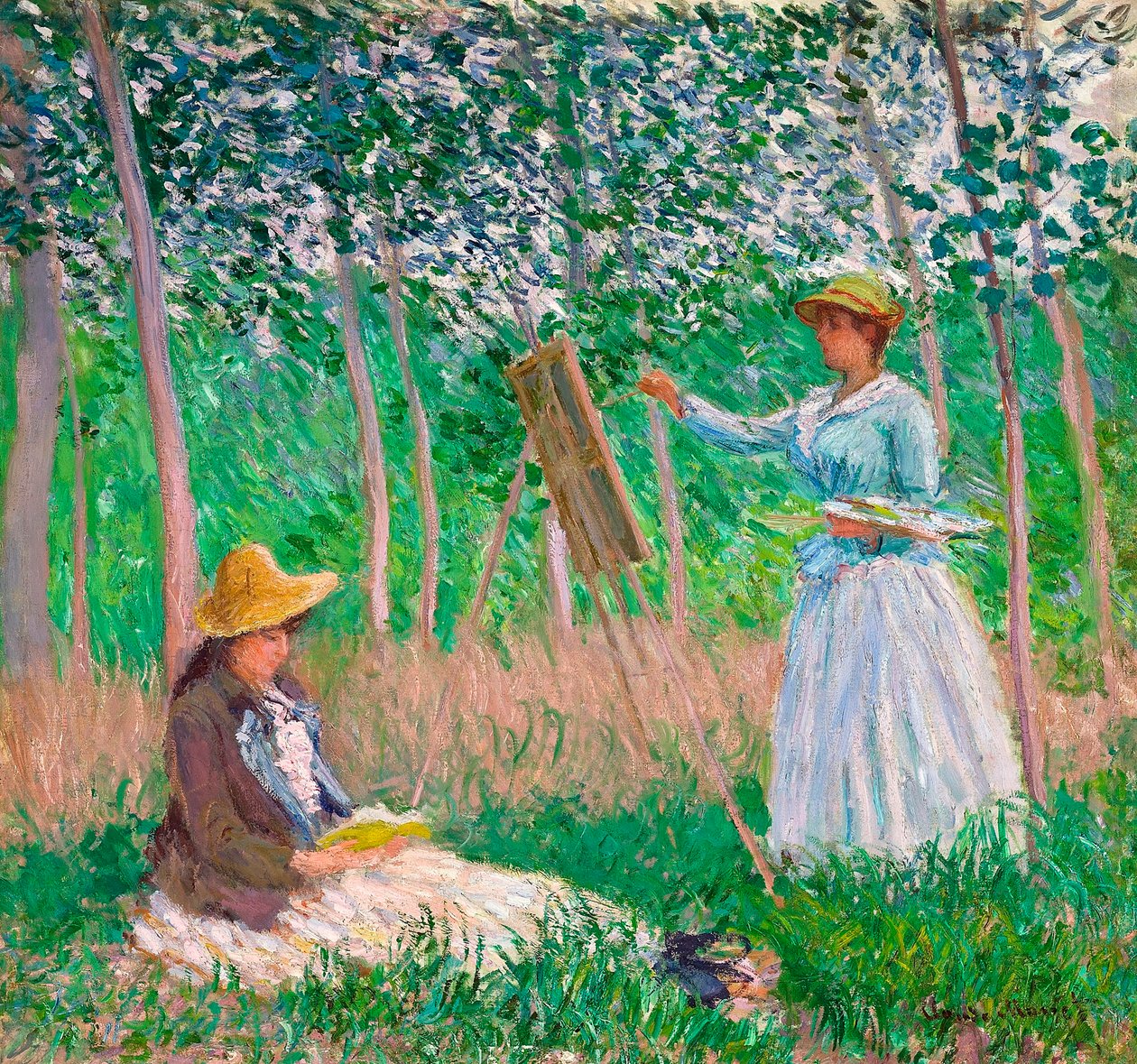 Nel bosco a Giverny: Blanche Hoschedé al suo cavalletto con Suzanne Hoschedé che legge, 1887 da Claude Monet