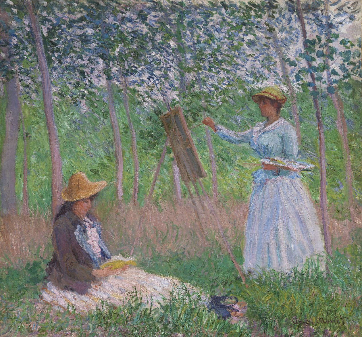 Nel bosco di Giverny: Blanche Hoschedé al suo cavalletto con Suzanne Hoschedé intenta a leggere da Claude Monet