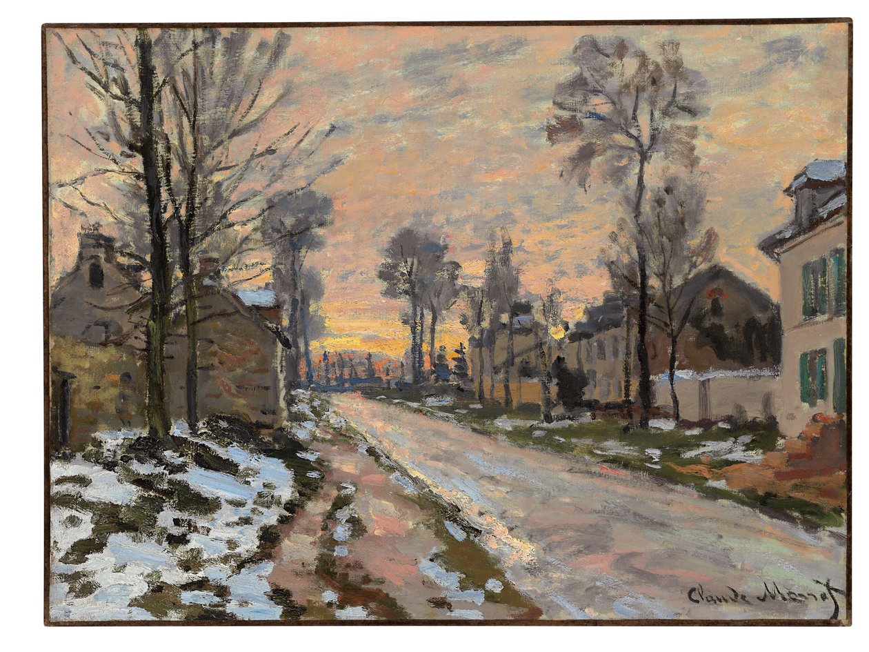 Strada a Louveciennes, neve che si scioglie, sole al tramonto, c.1869-70 da Claude Monet