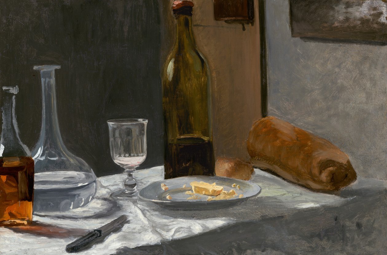Natura morta con bottiglia, caraffa, pane e vino, c. 1862-1863 da Claude Monet