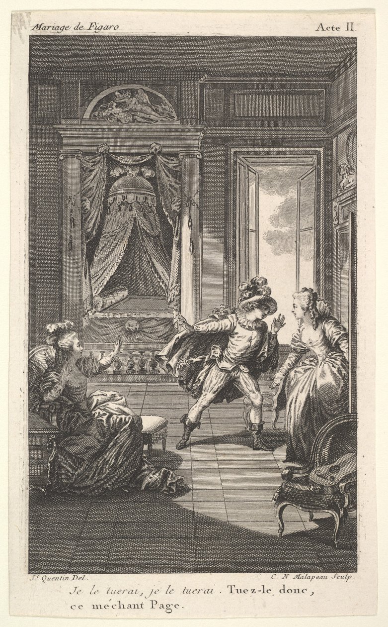 Un uomo si china verso una donna in piedi in una porta a destra, a sinistra una donna seduta alza..., ca. 1784 da Claude Nicolas Malapeau