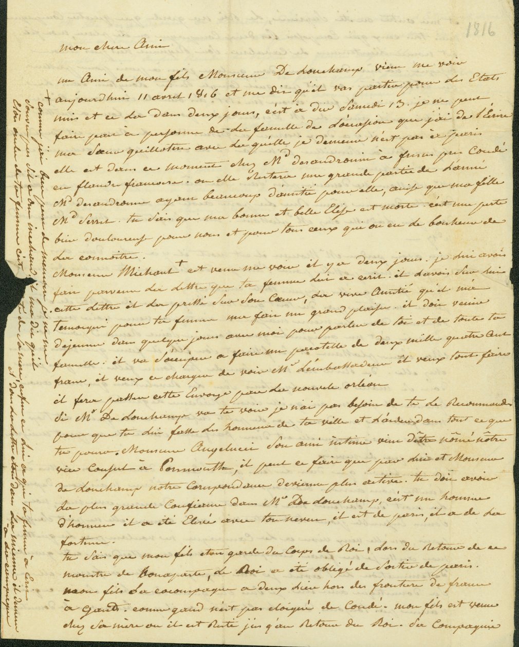 Lettera ad Antoine Saugrain da suo fratello, 1816 da Claude Saugrain