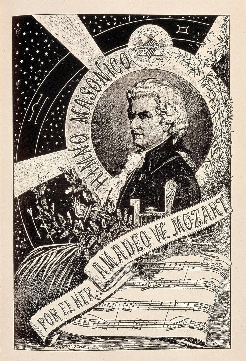 Rappresentazione del compositore austriaco Wolfgang Amadeus Mozart (1756-1791), membro massone associato al Dizionario Enciclopedico della Massoneria, fine XIX - inizio XX secolo (incisione) da Claudio Castelucho