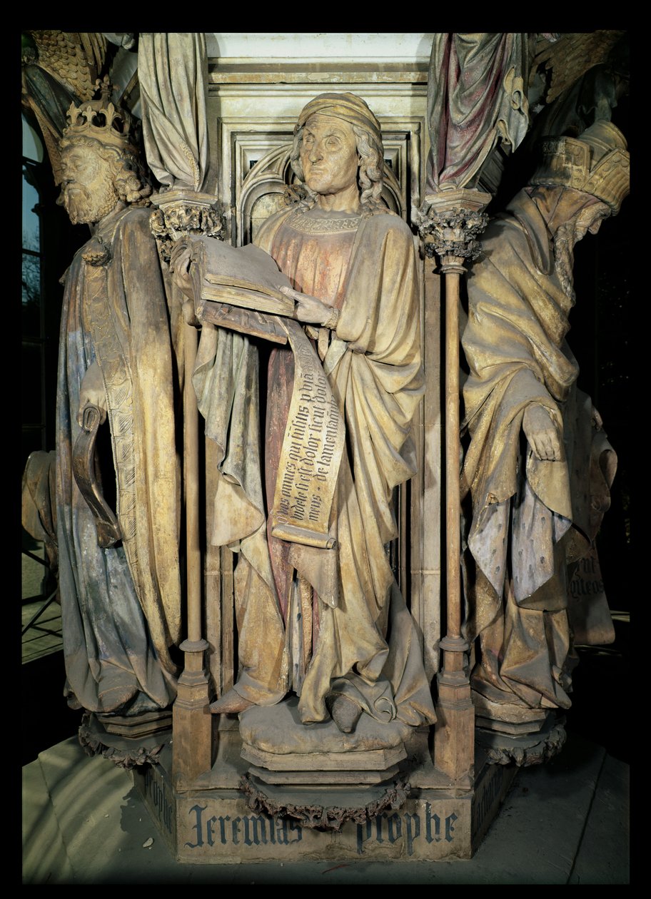 Geremia (centro), Davide (sinistra) e Zaccaria (destra), figure dal piedistallo esagonale del Pozzo di Mosè, 1395-1404 da Claus and Malouel, Jean Sluter