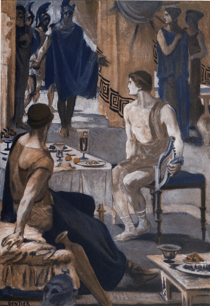 Achille riceve gli inviati di Agamennone. Illustrazione di Clement Gontier (1876-1918) per 