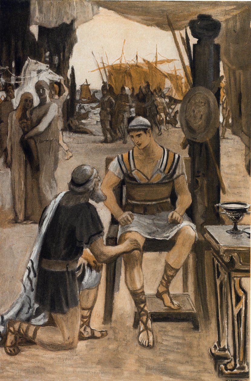 Priamo riscatta da Achille il corpo di suo figlio (Ettore). Illustrazione di Clement Gontier per l
