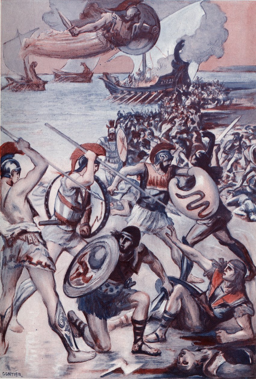 La battaglia intorno al corpo di Patroclo. Illustrazione di Clement Gontier (1876-1918) per 