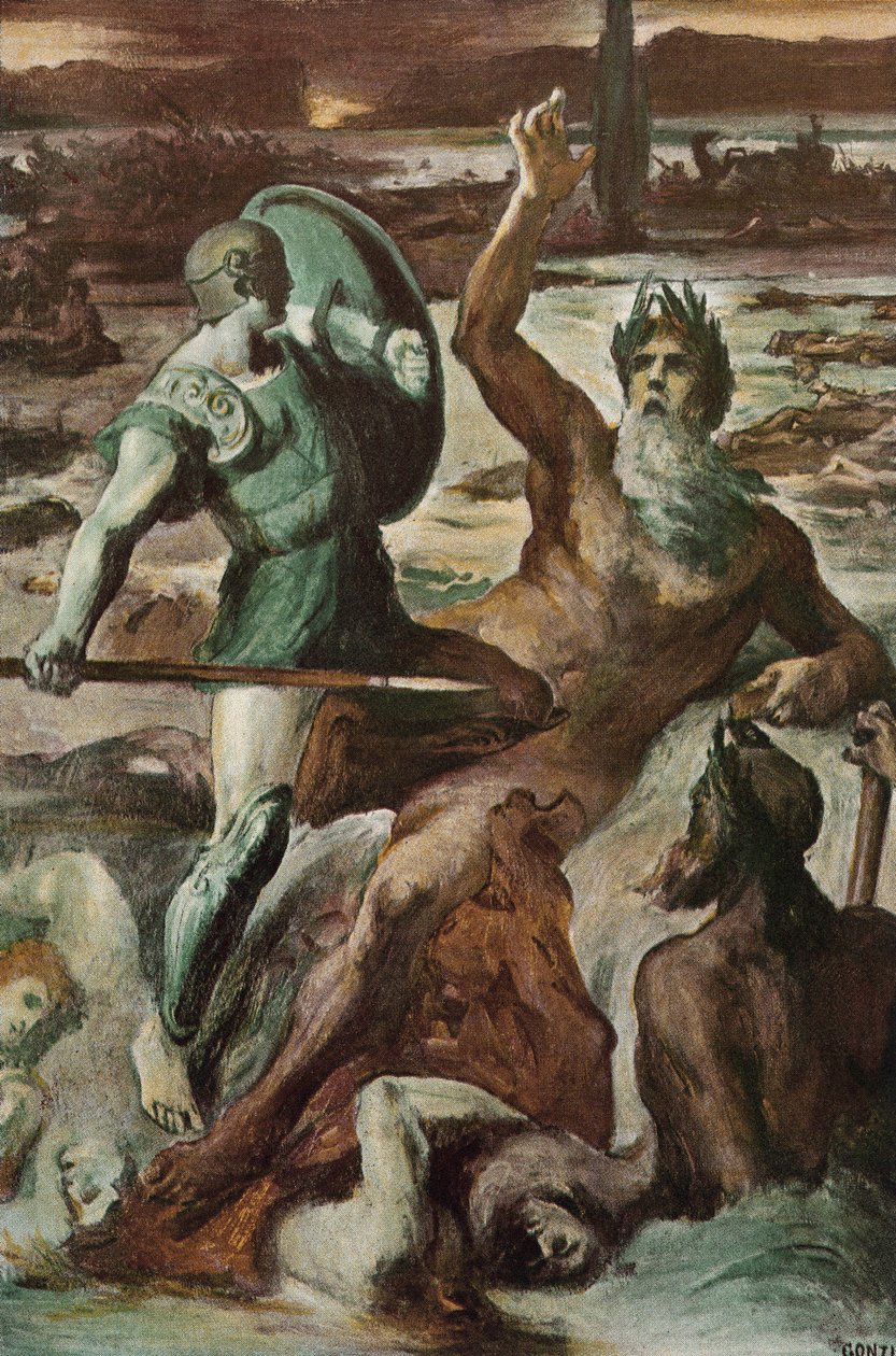 La lotta di Achille e il fiume Scamandro. Illustrazione di Clement Gontier (1876-1918) per 