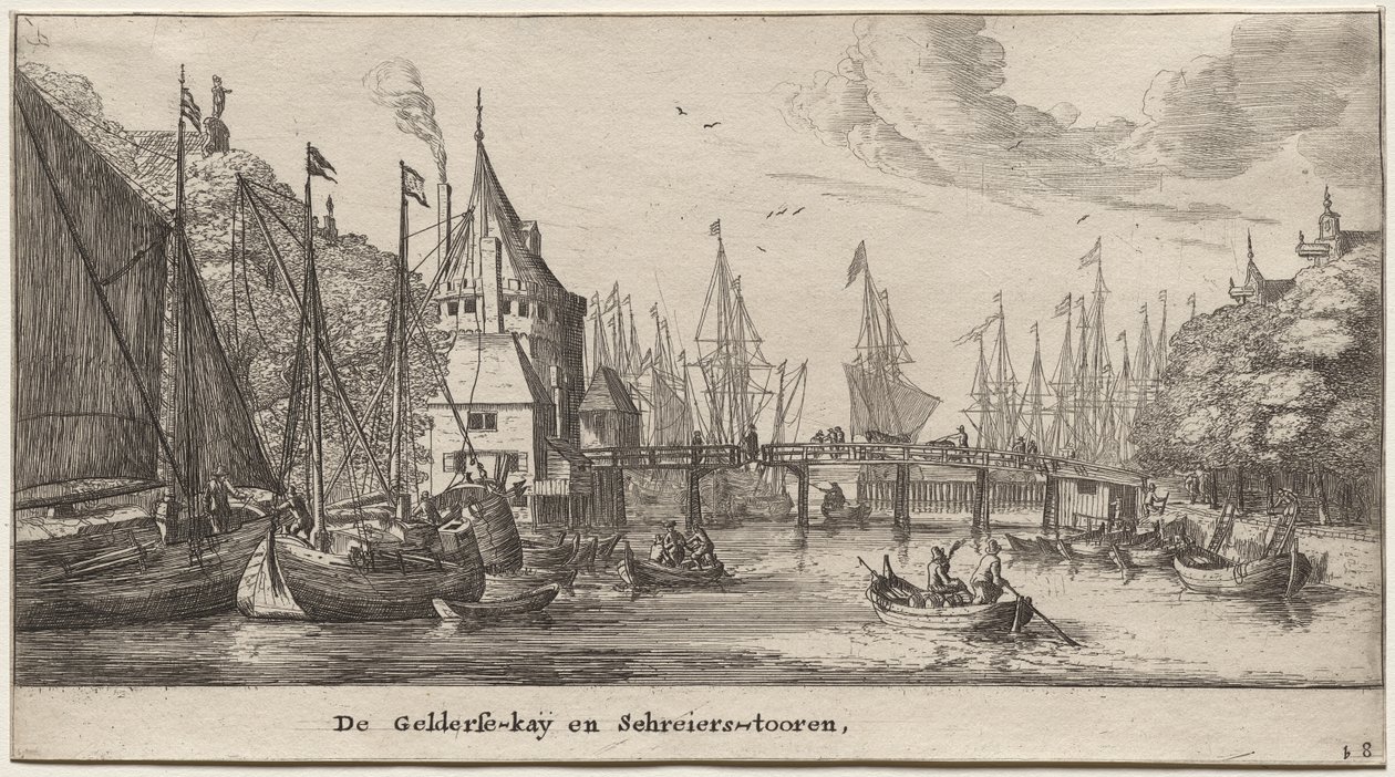 Varie Navi e Vedute di Amsterdam (Verscheÿde Schepen en Gesichten van Amstelredam), Parte II: Il Molo di Gelder e la Torre degli Schreiers da Clement de Jonghe