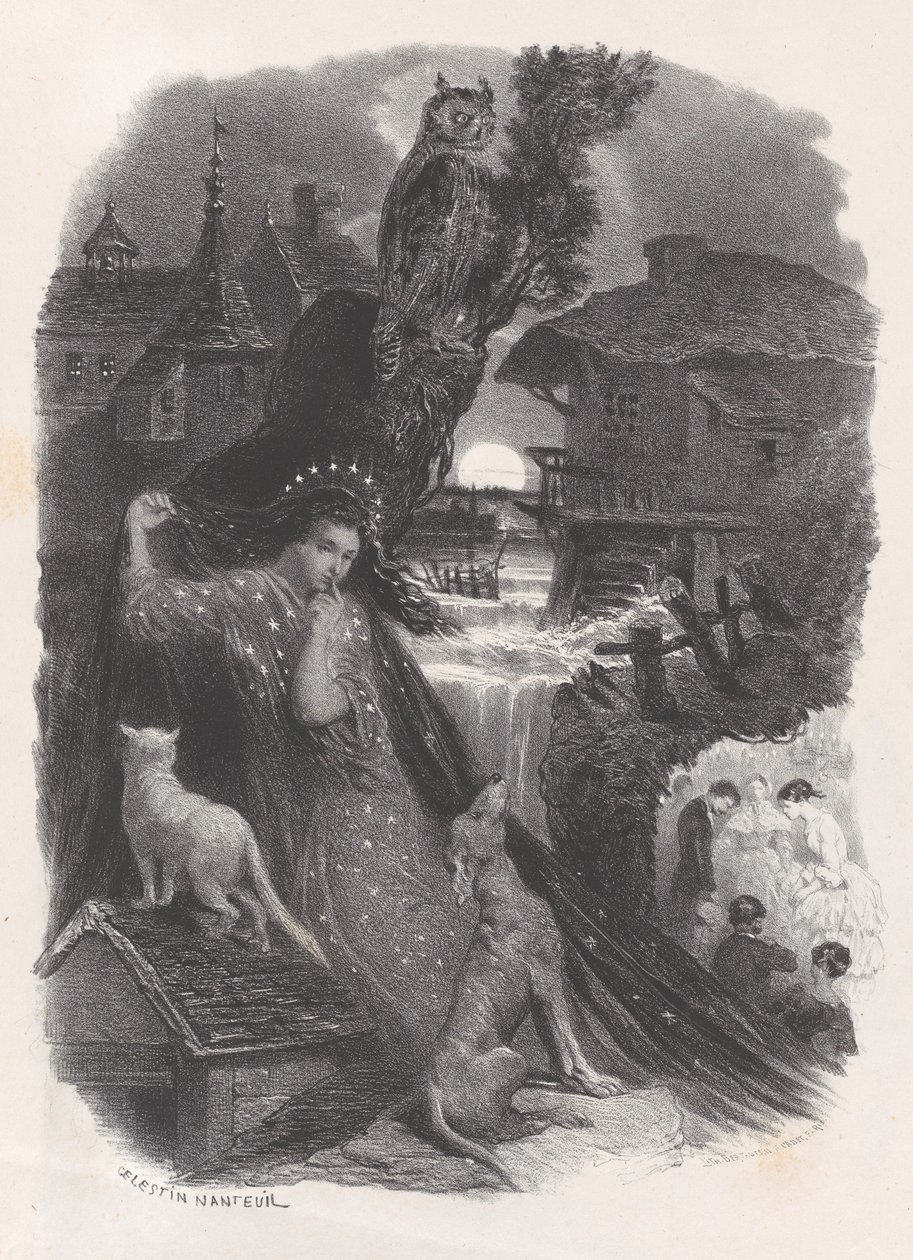 Notte, vignetta di ragazza in costume del XVIII secolo che raccoglie rose, ca. 1830-65 da Célestin Nanteuil