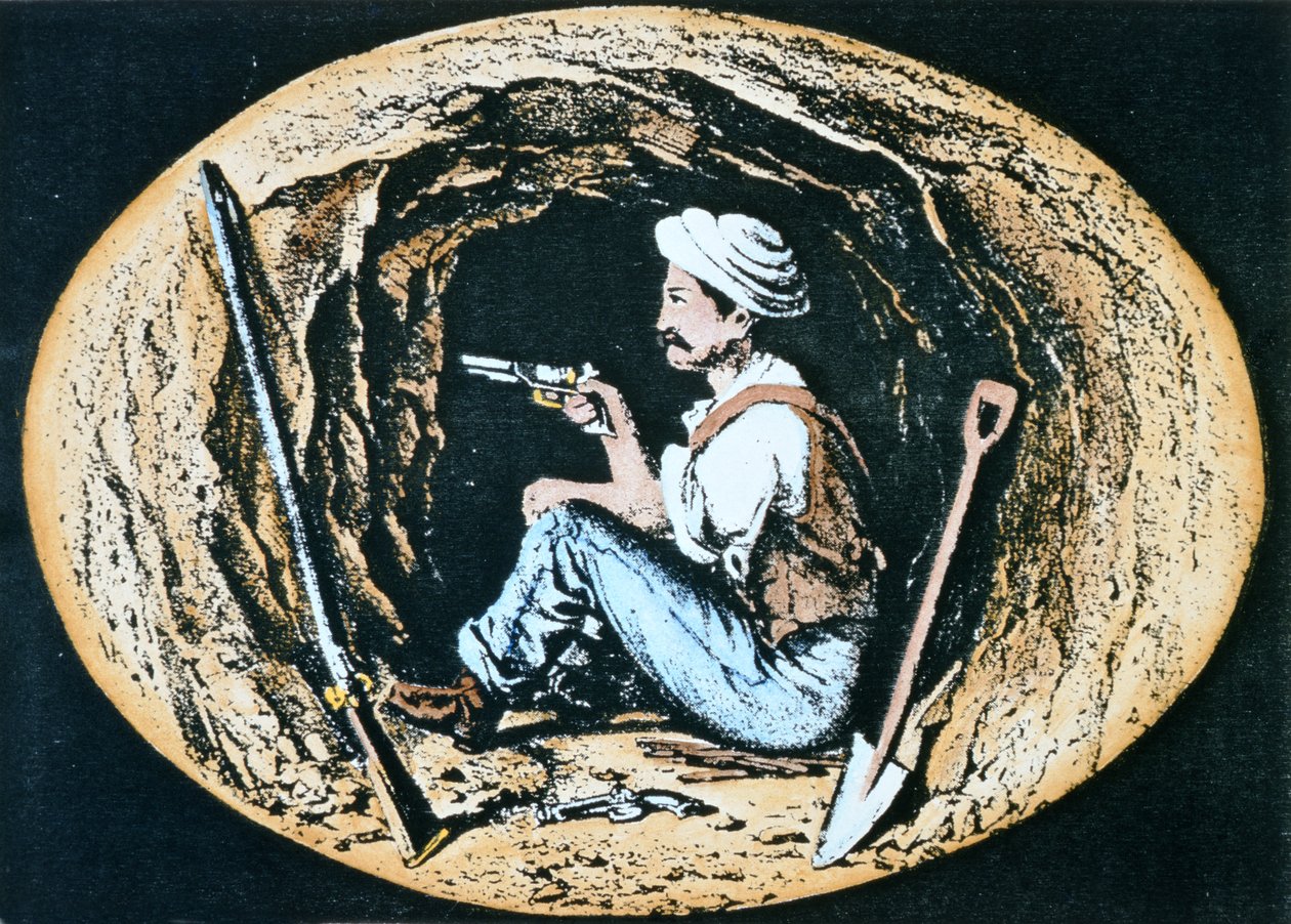 Zappatore britannico armato di revolver Colt attende in una miniera che il contro-zappatore nemico sfondi da Clifford Henry Mecham