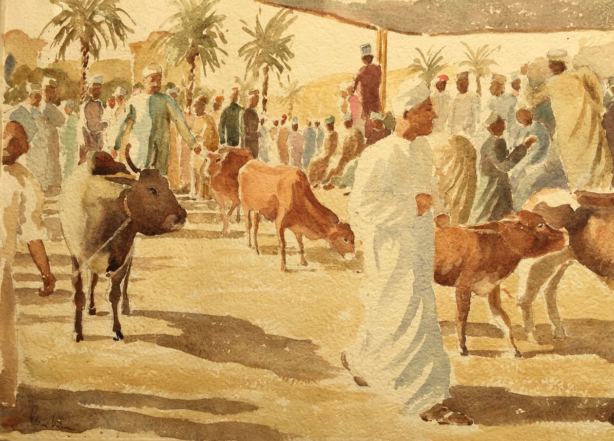 Mercato del bestiame, Nizwa, Oman (2), 2018 (acquerello) da Clive Wilson