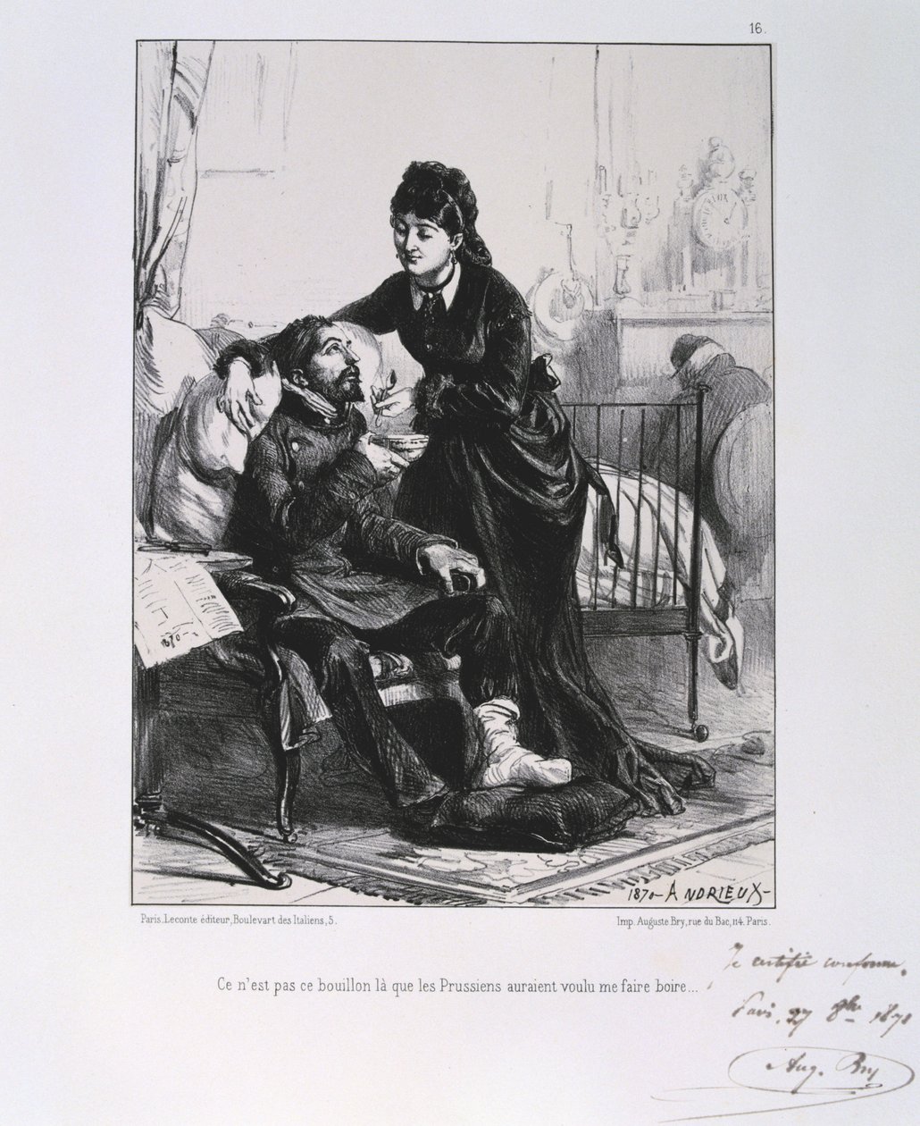 Guerra franco-prussiana 1870-1871: un soldato ferito viene curato e nutrito. Da una serie di litografie di Clement August Andrieux sulla Guardia Nazionale. da Clément Auguste Andrieux