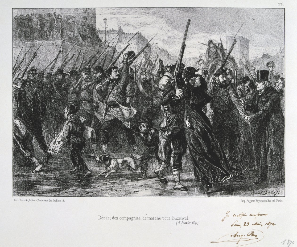 Guerra franco-prussiana 1870-1871: Battaglia di Buzenval (Monte Valerien) vicino a Versailles 19 gennaio 1871. Guardia Nazionale in marcia verso la battaglia e la sconfitta. Da una serie di litografie di Clement August Andrieux sulle Guardie Nazionali. da Clément Auguste Andrieux